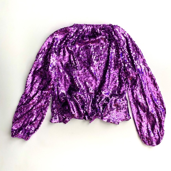 For Love & Lemons Nwt Purple Sequin Madeline Tie Front Long Sleeve Top Small S - Picture 4 of 4
